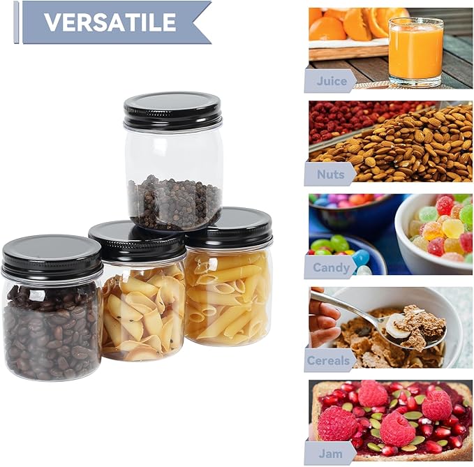 novelinks Plastic Jars With Lids 16Pcs 8 oz Plastic Mason Jars Food Storage for Milkshakes Juice Nuts Cupcakes (Black, 16 Pack 8 Ounce)