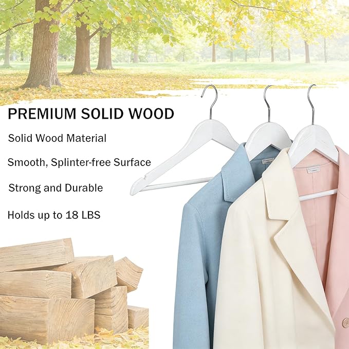 White Wooden Coat Hangers, Durability Wood Suit Hangers with Non Slip Pant Bar, Solid Wooden Clothes Hangers with Wide Shoulder Design for Shirts, Jackets, Dress, Pants, Sweaters, 30 Pack