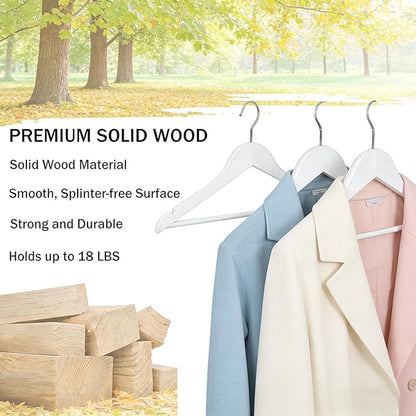 White Wooden Coat Hangers, Durability Wood Suit Hangers with Non Slip Pant Bar, Solid Wooden Clothes Hangers with Wide Shoulder Design for Shirts, Jackets, Dress, Pants, Sweaters, 30 Pack
