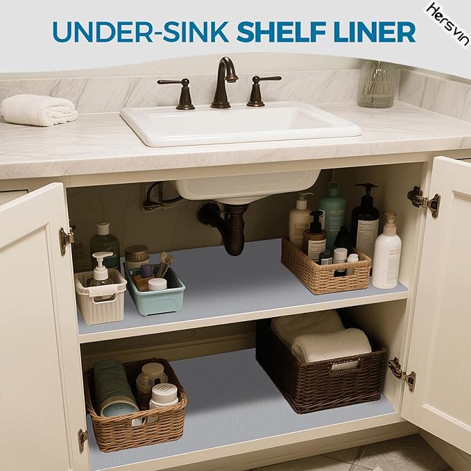 Hersvin Shelf Liners, 18in x 20ft Kitchen Drawer Mats, Non-Adhesive EVA Cupboard Protector, Cabinet Lining (Light Gray/Dot)