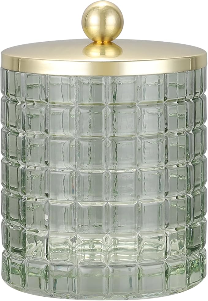 Indecor Home Sage Colored Tranlucent Apothecary Etched Geometric Grid Glass Jar W/Gold Metal Lid Cover for Bathroom Organization, Cotton Balls, Q Tips, and Small Accessories, Bathroom Storage