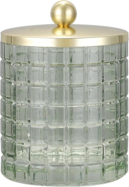 Indecor Home Sage Colored Tranlucent Apothecary Etched Geometric Grid Glass Jar W/Gold Metal Lid Cover for Bathroom Organization, Cotton Balls, Q Tips, and Small Accessories, Bathroom Storage