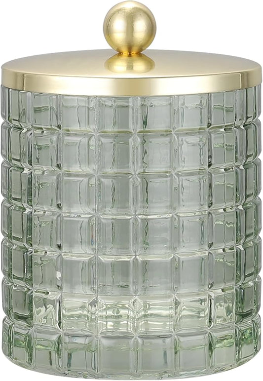 Indecor Home Sage Colored Tranlucent Apothecary Etched Geometric Grid Glass Jar W/Gold Metal Lid Cover for Bathroom Organization, Cotton Balls, Q Tips, and Small Accessories, Bathroom Storage