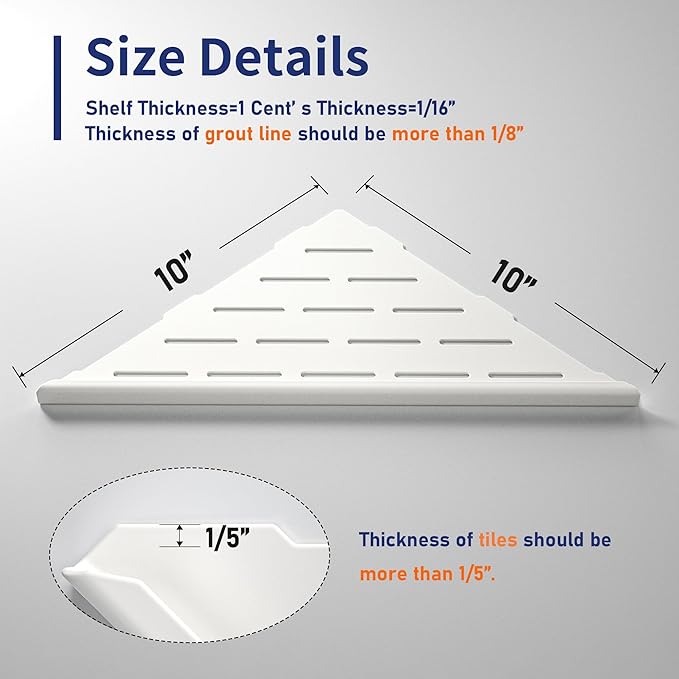 Bernkot Corner Shower Shelf, 304 Stainless Steel with Slot Design for Bathroom Storage, Grout in Shelf for Tiled Wall (White, 10"-2 Pack)