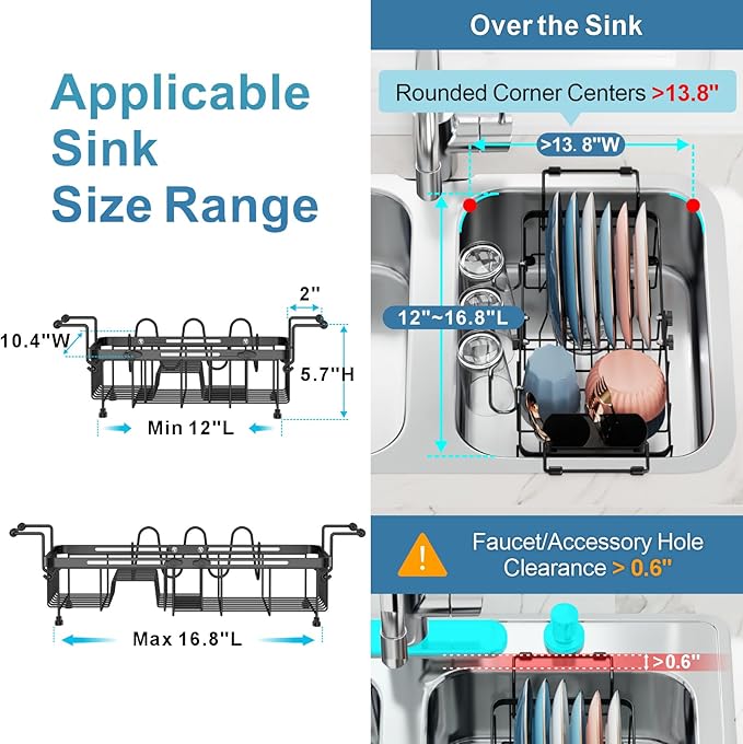 iSPECLE Small Sink Dish Drying Rack, Capacity Expandable Narrow Dish Drainer for RV Kitchen Counter with Cup Holder and Utensil Holder, Fit for 12"~18.3" Sink, Black