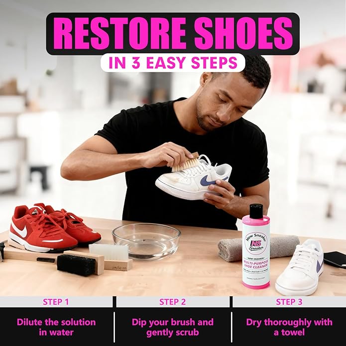 Shoe Cleaning Kit - 10.5 Oz Large Capacity White Shoe Cleaner with 3 Brushes & a Towel, Safe for Sneakers, Suede, Leather, Tennis Shoes & Mesh