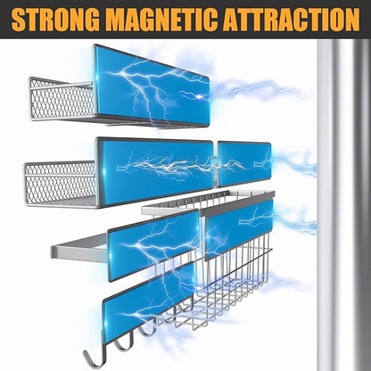 Laundry Organizer with Hanger 6-Pack, Magnetic Shelves for Washing Machine, Magnetic Refrigerator Shelves, Magnet Holder & Baskets, Metal Storage System for Laundry Room, Grey