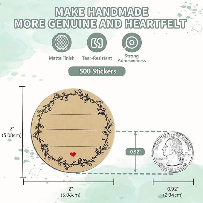 500pcs Label Stickers for Jars and Lids, Floral Heart & Lace Design with 3 Lines for Writing, Kraft Sticker Labels Pantry Labels, Mason Jar Labels Canning Labels Gift Tags(2" Round)