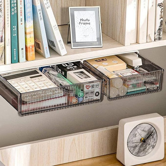 2Pcs Under Desk Storage Drawers Slide Out,Large&Medium, Stick On Desk Drawer Organizer Hidden Under Table Drawer for Home Office School Organization and Storage-Transparent Black