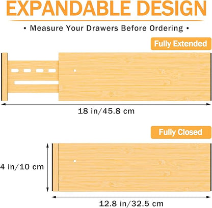 Bamboo Drawer Dividers 4" High, 12.8-18" Adjustable Drawer Organizers for Clothes,Expandable Dresser Separators in Bedroom/Kitchen/Bathroom/Office Organization and Storage,6 Pack