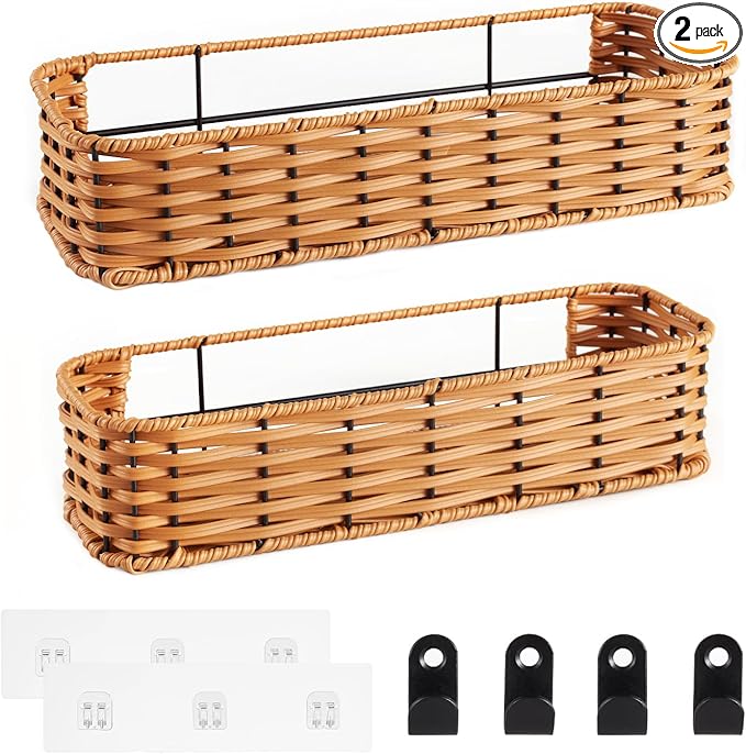 Hanging Wall Basket, Adhesive Wall-Mounted Organizer for Storage, 2-Pack Plastic Wicker Woven Storage Shelves for Kitchen Cabinets, Bathroom, Pantry, Brown Color