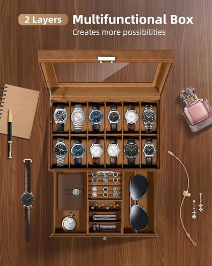 Uten 12-Slot Watch Box, 2-Layers PU Leather Watch Case with Glass Lid, Watch Holder Organizer with Soft Pillow and Velvet Lining, Watch and Jewelry Storage Box, Brown