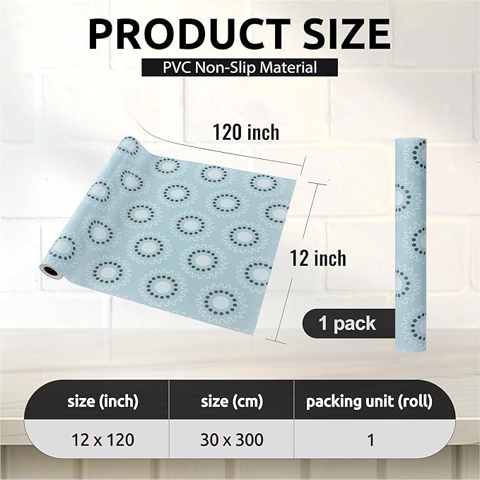 FIFTY FEET 12X120 Inch Shelf Liner for Kitchen Cabinets, PVC Drawer Liner for Dresser Non-Slip Bathroom, Non-Adhesive Cabinet Liner Washable (Blue Circle)(1 Roll)