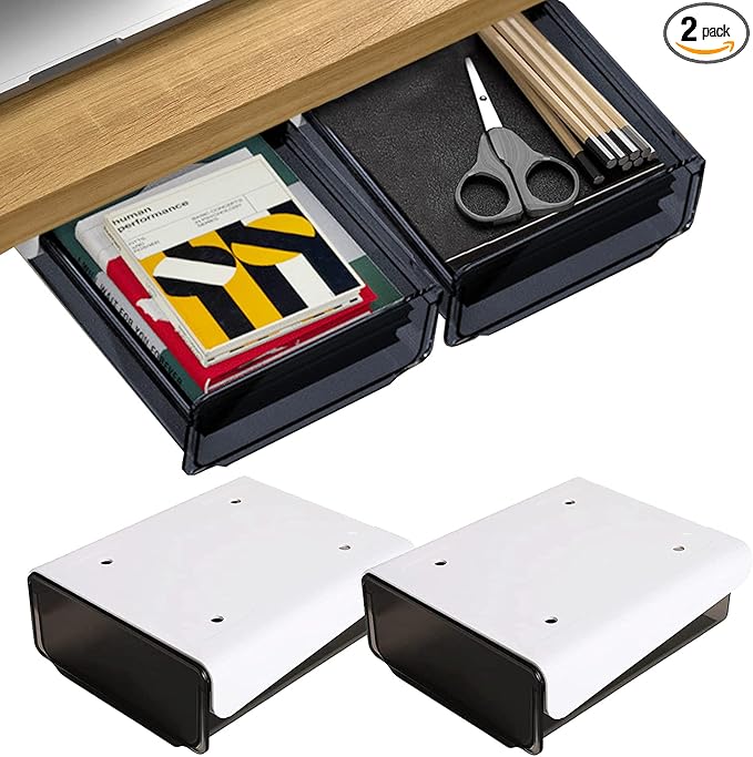 OSPNIEEK Self-adhesive Under Desk Drawer Organizer, 2 Pack Table Hidden Slide Out Large Storage Mounted Desktop Pencil Holder Tray Drawers for Office Home School Stationery Kitchen (Black)