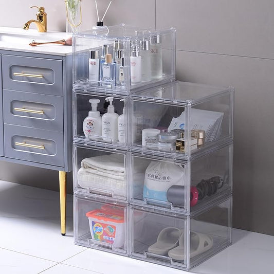 DILIBRA 2 Packs Large Stackable Storage Drawers, Plastic Clear Bathroom Make up Under Sink Drawer Organizers, Acrylic Bathroom Storage Bins for Cabinet Closet Office Kitchen Pantry Snacks Organization