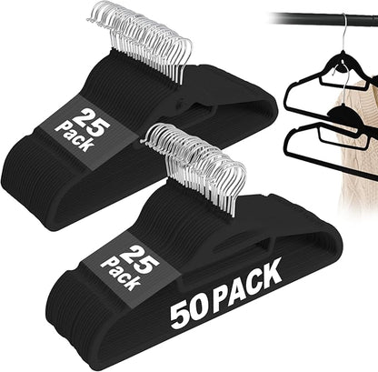 UEAKPIC Black Velvet Hangers 50 Pack, S-Shaped and Stackable Non Slip Felt Hanger with 360°Swivel Hook, Ultra Thin and Space Saving Flocked Hangers for Suits, Shirts, Coats, 15Lbs Capacity Heavy Duty