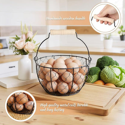 Egg Basket With Handle,Wire Egg Basket for Gathering Fresh Eggs, Round Egg Collecting Basket for Farm,Vintage Style Chicken and Duck Eggs Basket Egg Countertop Storage Container Holder ﻿