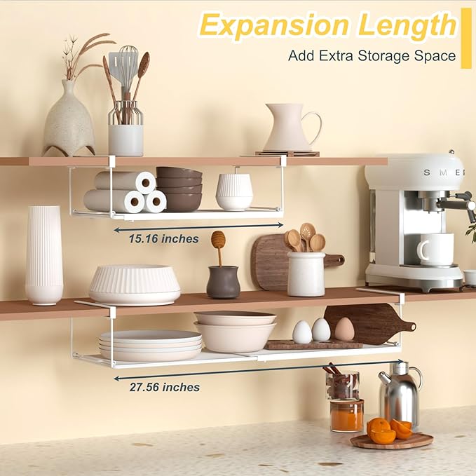 2 Pack Hanging Under Shelf Storage Basket Organizer,Expandable Under Shelf Storage,Metal & White,Heavy Duty Slide-in Storage Baskets,Space Saving for Cabinet,Desk,Pantry,Kitchen