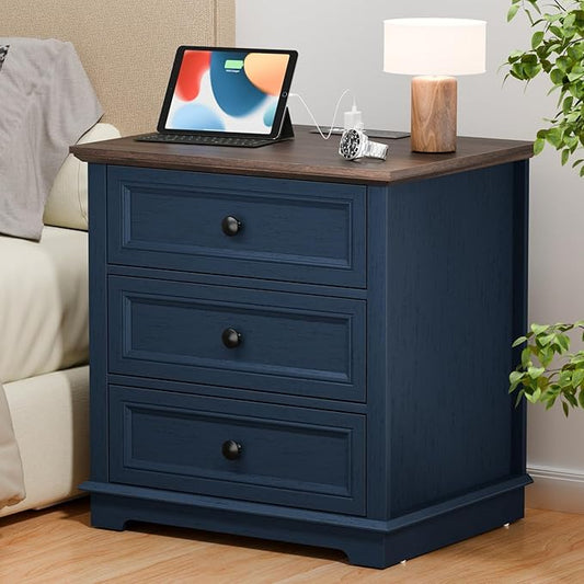 Nightstand with Charging Station, 24” Wide End Table with 3 Drawers, Modern Bedside Table with Storage, Wood Small Dresser for Bedroom Room (Blue)