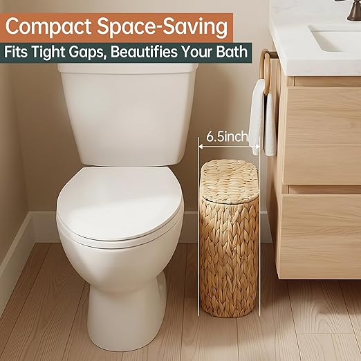 3 Gallon Wicker Trash Can with Lid and Liner,Small Bathroom Trash Cans,Woven Rattan Narrow Waste Basket for Bedroom,Home Office,Natural Water Hyacinth
