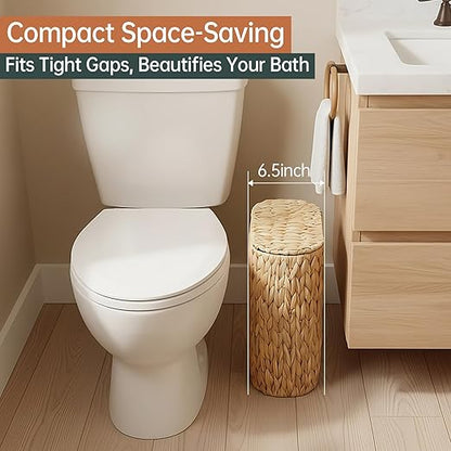 3 Gallon Wicker Trash Can with Lid and Liner,Small Bathroom Trash Cans,Woven Rattan Narrow Waste Basket for Bedroom,Home Office,Natural Water Hyacinth
