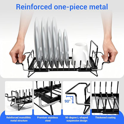 WZGUSXN Dish Drying Rack, Stainless Steel Expandable Over/in Sink & Countertop, Space Saving Collapsible Rust-Proof Rack with Silicone Mat Cutlery Holder for Kitchen/RV/Commercial Use (14.56-18.5" L)