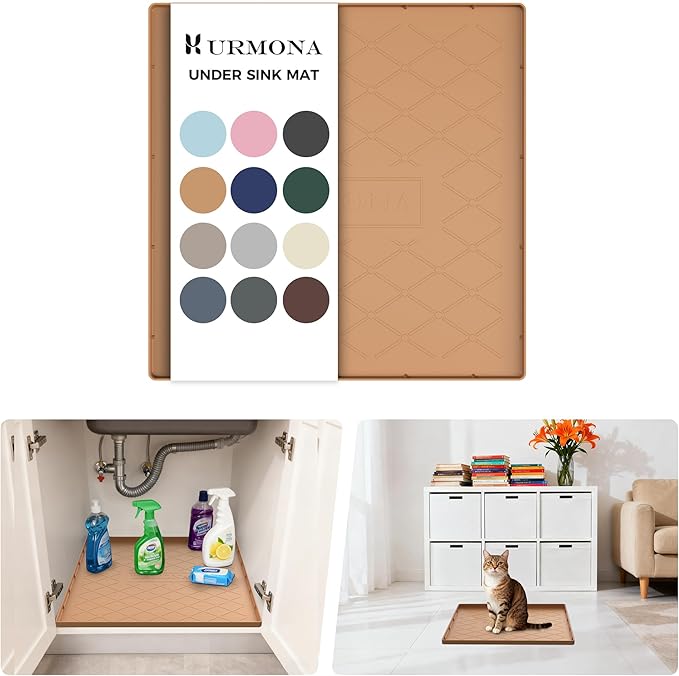 URMONA Under Sink Mat for Kitchen Waterproof, 19" x 19" Silicone Under Sink Mat for Shelf Liner Organizer, Cabinet Sink Protector Under Sink Liner for Bottom Kitchen, Bathroom(Khaki)