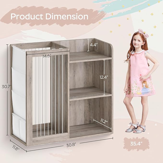 Kids Bookshelf and Toy Storage Organizer, 3 Tier Bookcase for Kids Rooms, Book Shelf with Stuffed Animal Storage, Side Oxford Fabric Pockets, for Playroom, Nursery, Bedroom, Greige CW02BG