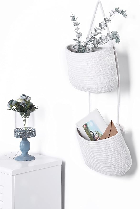 Over The Door Hanging Basket, 2 Tier Cotton Rope Woven Baskets, Magazine Racks, Wall Mount Hanging Storage Baskets,Decorative Door Organizers for Living Room, Bathroom and Bedroom (White)