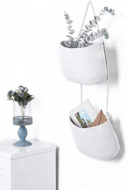 Over The Door Hanging Basket, 2 Tier Cotton Rope Woven Baskets, Magazine Racks, Wall Mount Hanging Storage Baskets,Decorative Door Organizers for Living Room, Bathroom and Bedroom (White)