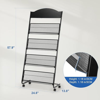 Granville Floor Brochure Stand Magazine Rack, Brochure Display Stand, 4 Pockets Magazine Holder Newspaper Stand with 4 Wheels (2 Lockable), Black