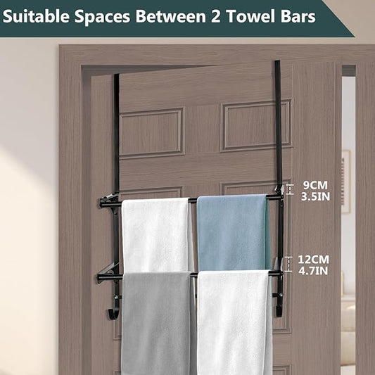 Over The Door Towel Rack, 2-Tier Bathroom Towel Rack with 6 Hooks for Door Hanging, Behind Door Towel Bar Towel Storage Holder for Small Bathroom, 16.1" L x 5.1" Wx 24.2" H