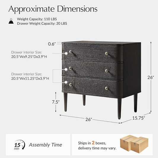 HULALA HOME Modern End Table Set of 2 with Charge Station, 3 Drawer Wood Side Table with Solid Wood Legs & Adjustable Feet, Curved Design End Table, Charcoal