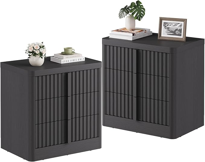 Harpaq Fluted Nightstand Set of 2 with Charging Station, 23.6" Wood Bedside Table with Solid Wood Handle, Mid Century Moden End Table, 3 Drawer Dresser for Bedroom, Living Room, Black