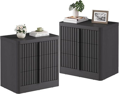 Harpaq Fluted Nightstand Set of 2 with Charging Station, 23.6" Wood Bedside Table with Solid Wood Handle, Mid Century Moden End Table, 3 Drawer Dresser for Bedroom, Living Room, Black