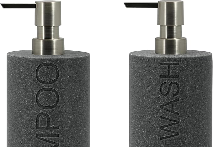Indecor Home Resin 2 Pack Shampoo, Conditioner or Body Wash Dispenser Set, Luxurious Refillable Pump Bottles with Matte Pump Top and Embossed Text, Durable Design for Bathroom and Shower