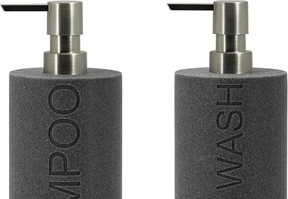 Indecor Home Resin 2 Pack Shampoo, Conditioner or Body Wash Dispenser Set, Luxurious Refillable Pump Bottles with Matte Pump Top and Embossed Text, Durable Design for Bathroom and Shower
