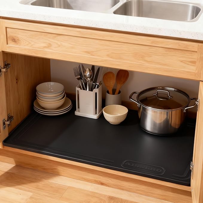 Aisslro Under Sink Mat 22" X 19", Waterproof Silicone Under Sink Mats for Kitchen, Anti-Leak Shelf Liner & Cabinet Protector with Raised Edge, [BPA Free] Bathroom Tray Home Organizer, Black