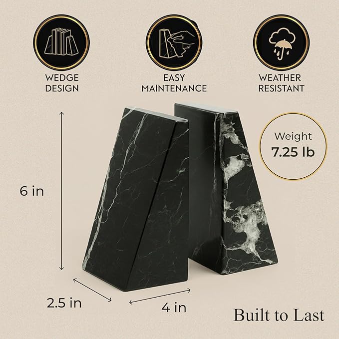Bey-Berk Whitney Zebra Marble Bookends (Black, Set of 2), 4" x 2.5" x 6" Heavy Wedge Book Ends for Desk, Shelf, or Office