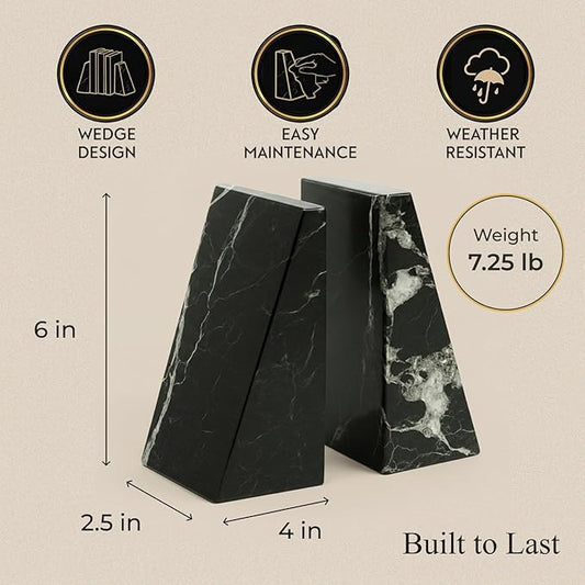 Bey-Berk Whitney Zebra Marble Bookends (Black, Set of 2), 4" x 2.5" x 6" Heavy Wedge Book Ends for Desk, Shelf, or Office