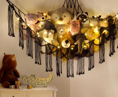 Macrame Stuffed Animal Hammock Corner with LED Light - Black Toy Storage Hammock Plushie Net Organizer Display - Teddy Bear Stuffy Hammocks - Boy Bedroom Decor Cool