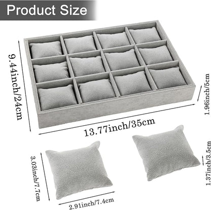 Polmart Stackable 12-Grid Jewelry Tray with Pillow, Gray Velvet (2-Pack)