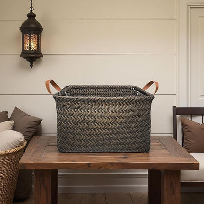 GIB Large Wicker Storage Baskets for Shelves, Woven Laundry Basket for Organizing Clothes Blanket Basket, Decorative Rectangular Closet Organizers Storage Bins with Handles, Black/Dark Gray, 4 Pack