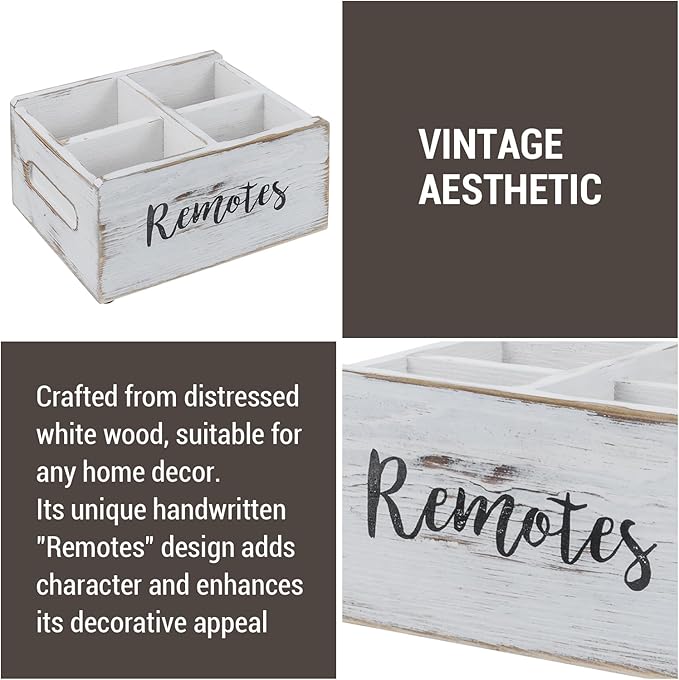 MyGift Wood Remote Control Holder Organizer with 4 Compartments, Media Remote Caddy Storage with Cursive REMOTES Design, Whitewashed