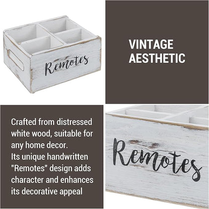 MyGift Wood Remote Control Holder Organizer with 4 Compartments, Media Remote Caddy Storage with Cursive REMOTES Design, Whitewashed