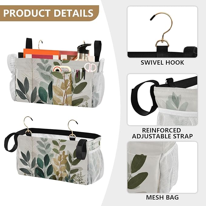 CuwrYet Bedside Caddy Hanging Bunk Bed Caddy Bed Organizer Hanging Pocket with 2 Hooks Bedside Storage Organizer Pocket Bag Holder Beige Boho Style Leaves
