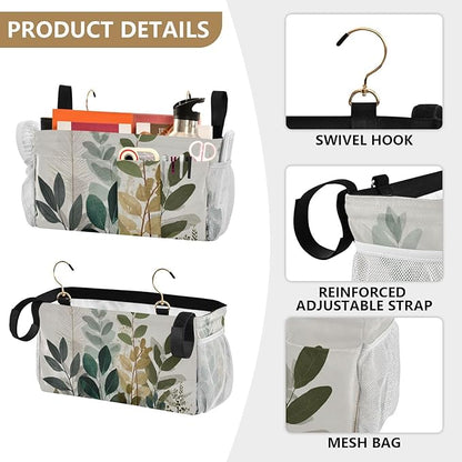 CuwrYet Bedside Caddy Hanging Bunk Bed Caddy Bed Organizer Hanging Pocket with 2 Hooks Bedside Storage Organizer Pocket Bag Holder Beige Boho Style Leaves
