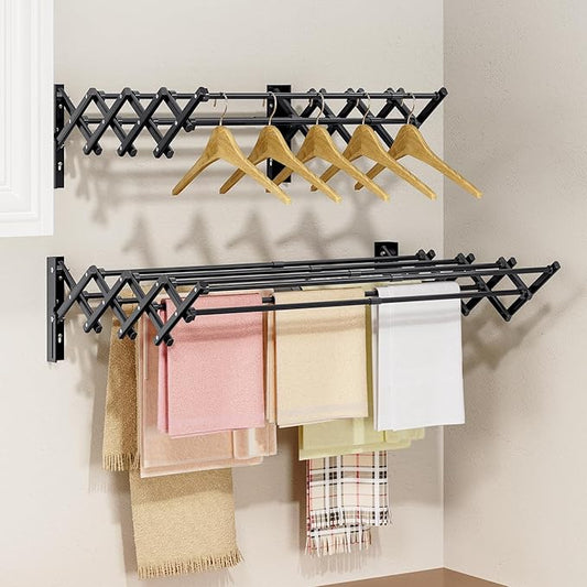 APEXCHASER Laundry Drying Rack Wall Mount - Towel Rack Collapsible, Accordion Clothes Drying Rack, Clothes Airer for Bathroom Balcony Laundry Room Wall Mounted, Drying Rack for Clothing, Black