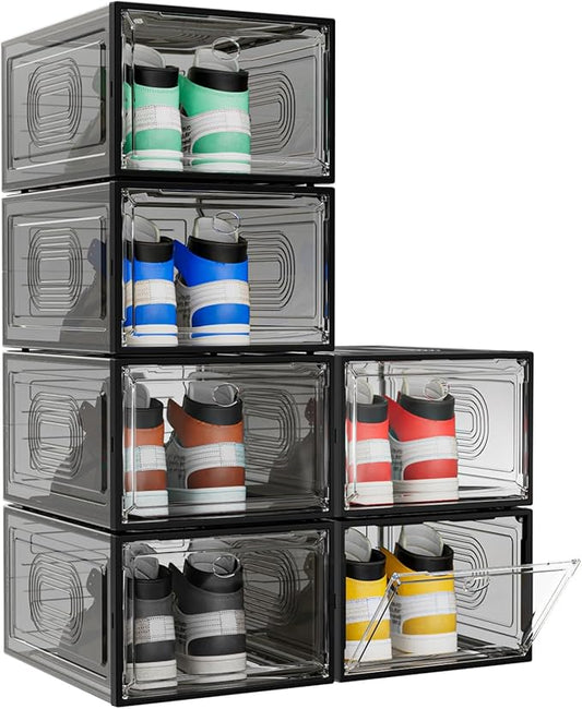 caktraie 6 Pack Thicken Shoe Organizer Stackable,Upgraded Sturdy Shoe Storage Box with Magnetic Door,Shoe Containers For Sneaker Display,Hat Organizer,Black