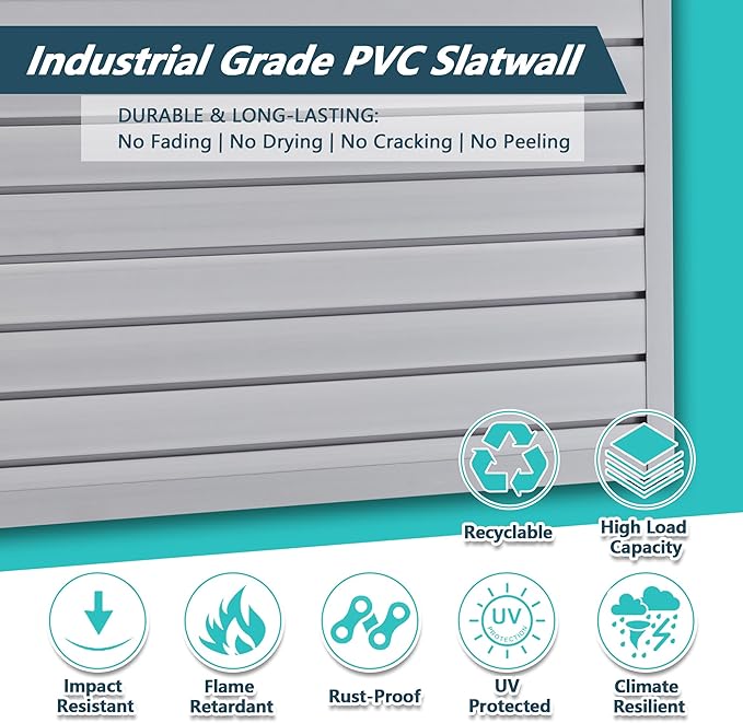 4x2 FT PVC Slatwall Panel Wall Storage Systems, Interlocking Slat Wall Paneling Garage Wall Organizer, Slat Board Wall-Mounted Slat Wall Panels for Garage Storage, Shelves, and Tools, Grey